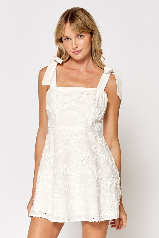 Flower Texture Dress W/ Bow Ribbon Shoulder
Ties