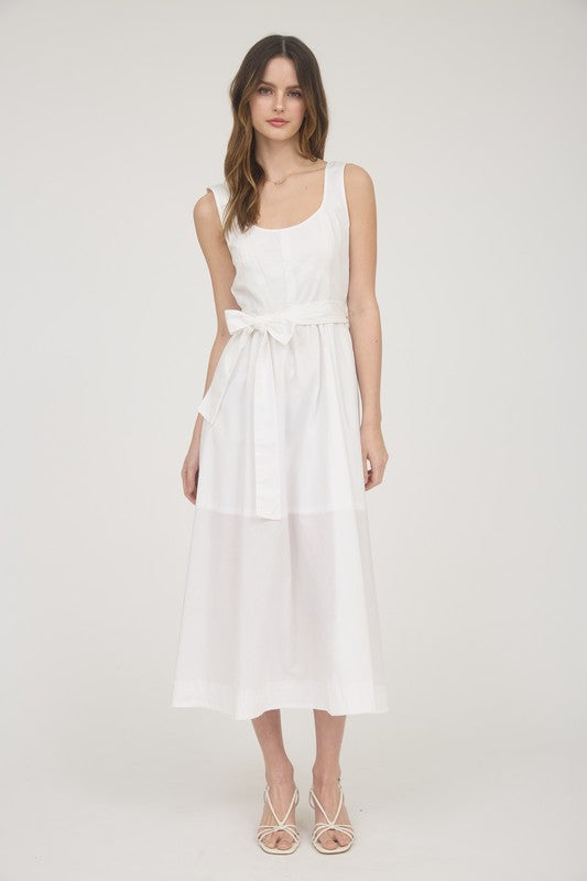 Sleeveless Belt Tie Strap A-line Midi Dress