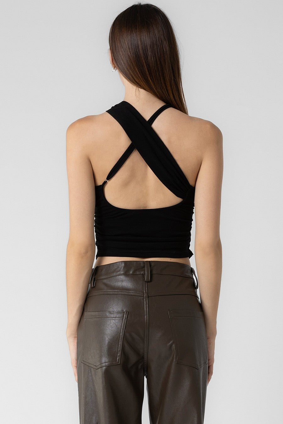 LADIES KNIT COTTON PLEATED CROSS FRONT HALTER TOP