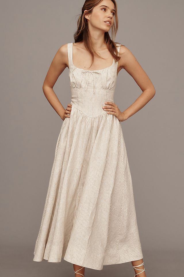 Stripe Sleeveless Corset Detail Midi Dress