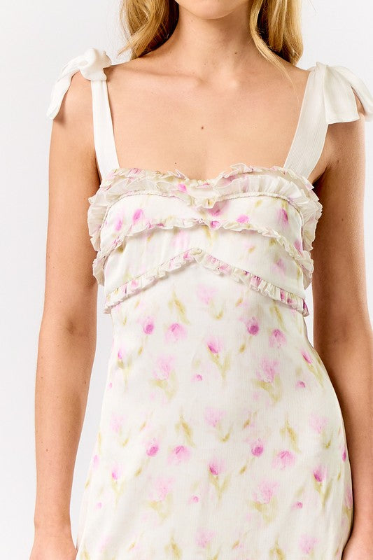 SHOULDER TIE SATIN FLORAL MAXI DRESS