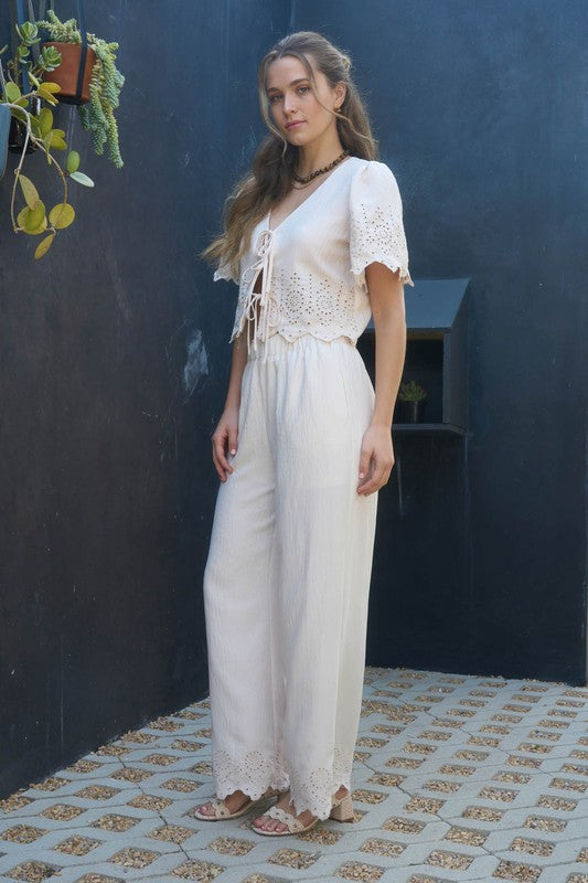 Eyelet Trim Front Tie Blouse And Wide Leg Pant
Set