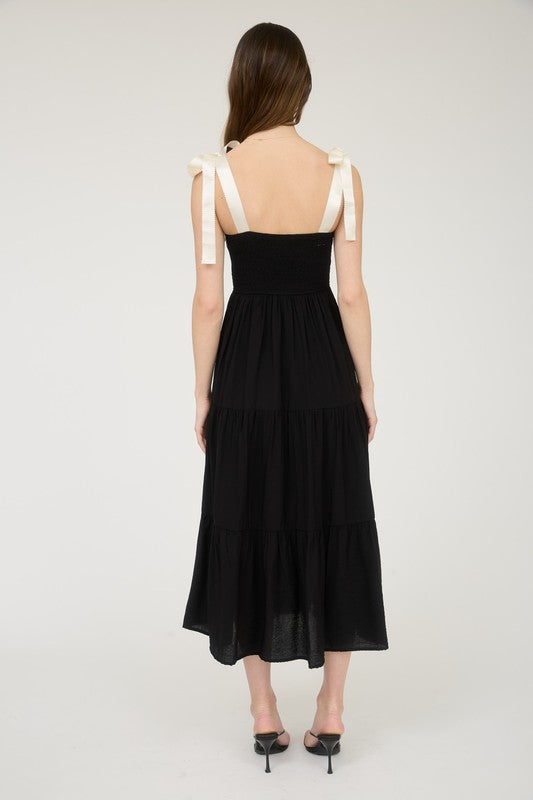 Embroidered Detail Ribbon Strap Tiered Maxi
Dress