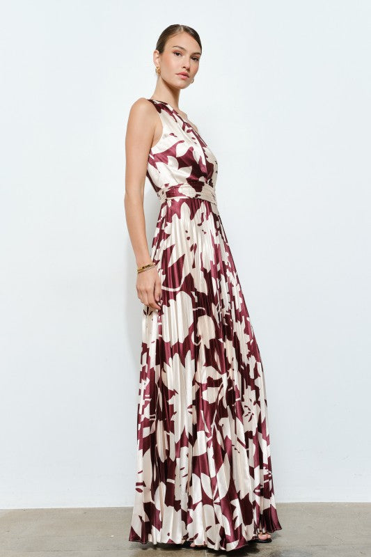 Mocha Floral Pleated One Shoulder Dress