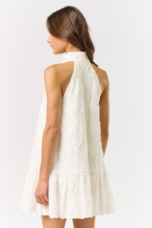 Halter Neck Bow Embellished Texture Dress