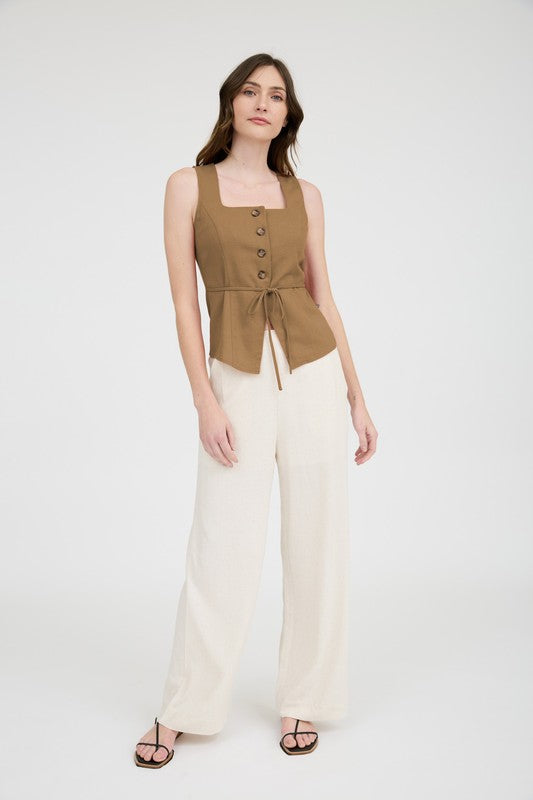 Linen Button Down Split Hem Cropped Vest