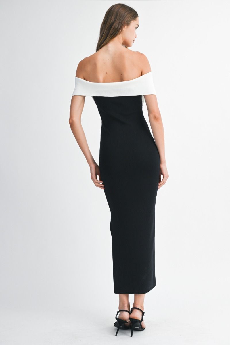 Solid sweater knit off shoulder front contrast ribbon bow detail bodycon midi dress