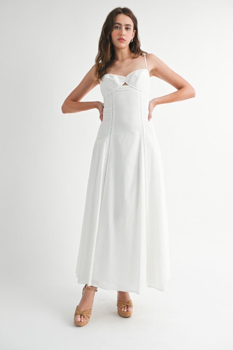 Solid adjustable spaghetti strap eyelet trim front cut out bustier fit and flare maxi dress with back self tie detail