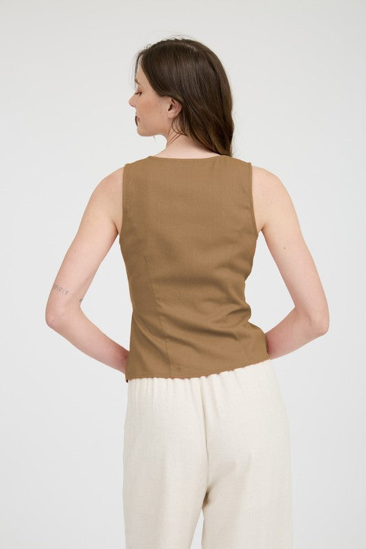 Linen Button Down Split Hem Cropped Vest