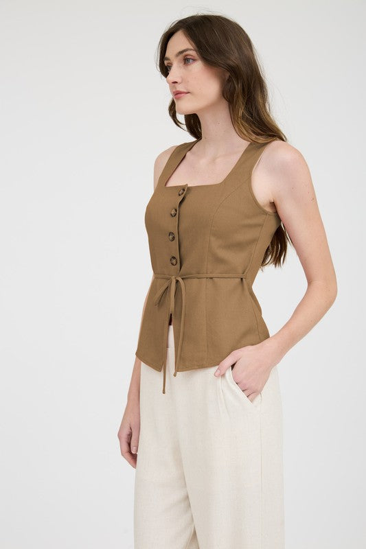 Linen Button Down Split Hem Cropped Vest