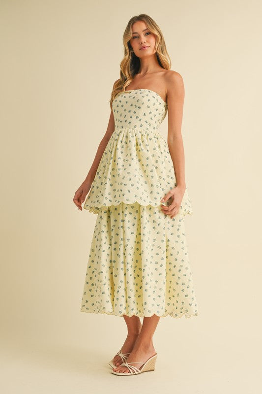 FLORAL PRINT STRAPLESS TIERED MIDI
DRESS