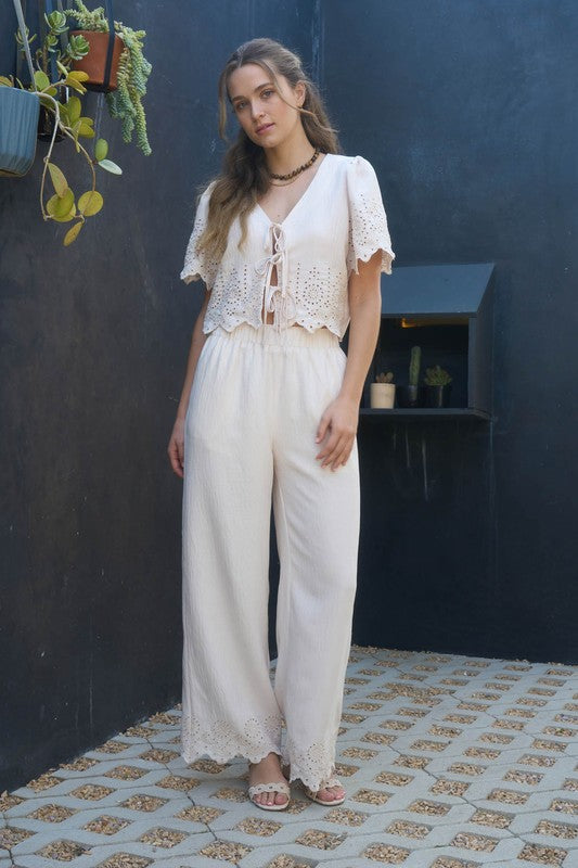 Eyelet Trim Front Tie Blouse And Wide Leg Pant
Set