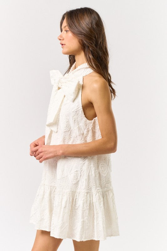 Halter Neck Bow Embellished Texture Dress