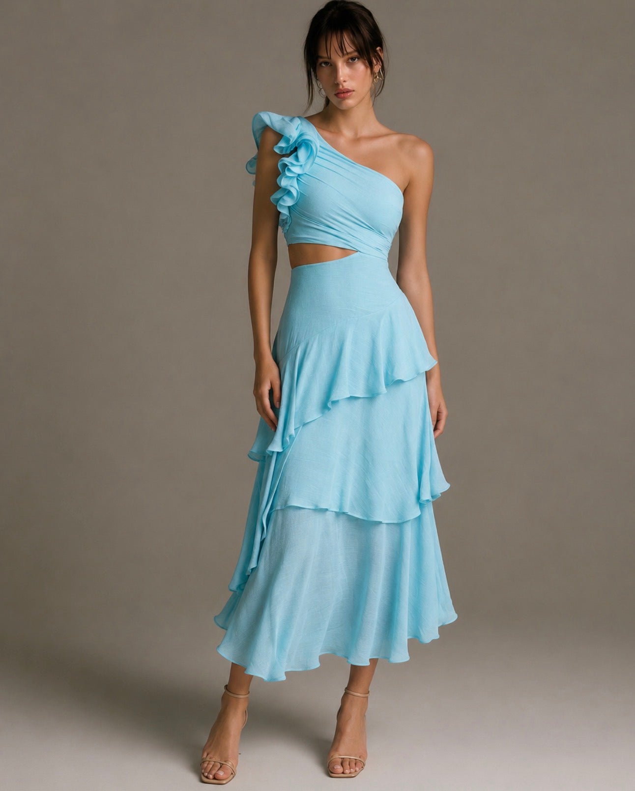 Deanna One-Shoulder Tiered Maxi Dress- blue