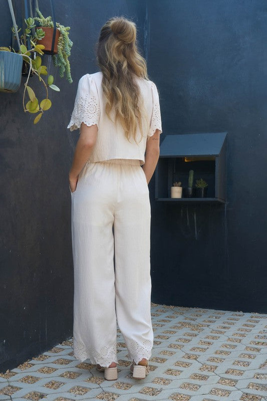 Eyelet Trim Front Tie Blouse And Wide Leg Pant
Set