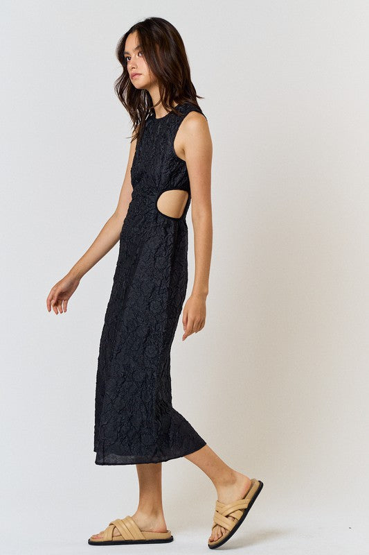 TEXTURED SIDE CUT OUT SLEEVELESS MIDI
DRESS