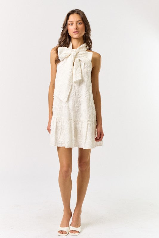 Halter Neck Bow Embellished Texture Dress