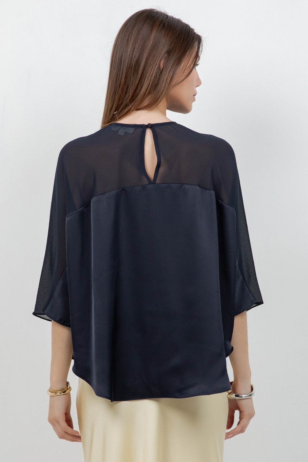 Amélie Satin Chiffon Blouse – Navy