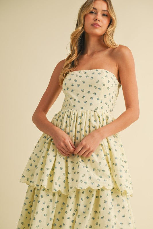 FLORAL PRINT STRAPLESS TIERED MIDI
DRESS