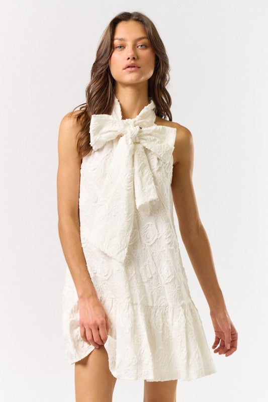 Halter Neck Bow Embellished Texture Dress