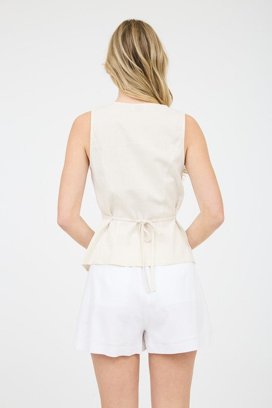 Linen Button Down Split Hem Cropped Vest
