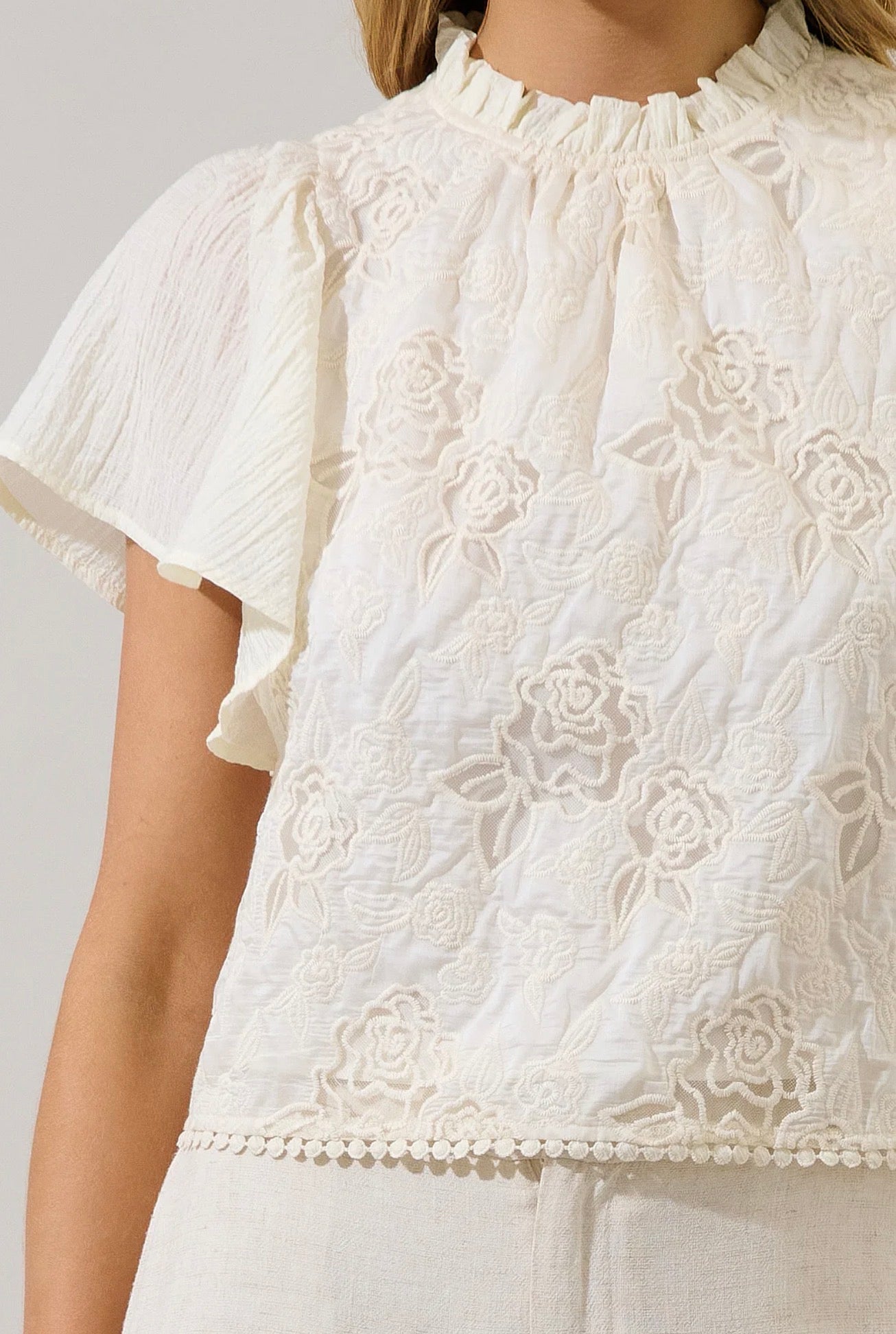Gretal Embroidered Flutter Sleeve Top