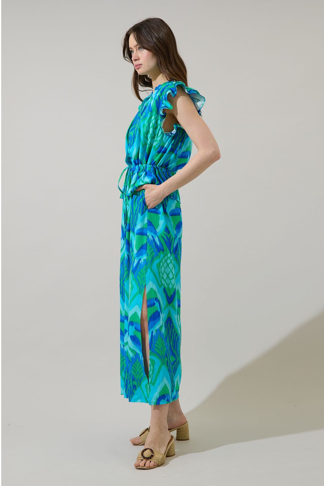 Blissy Tropical Astra Ruffle Maxi Dress
