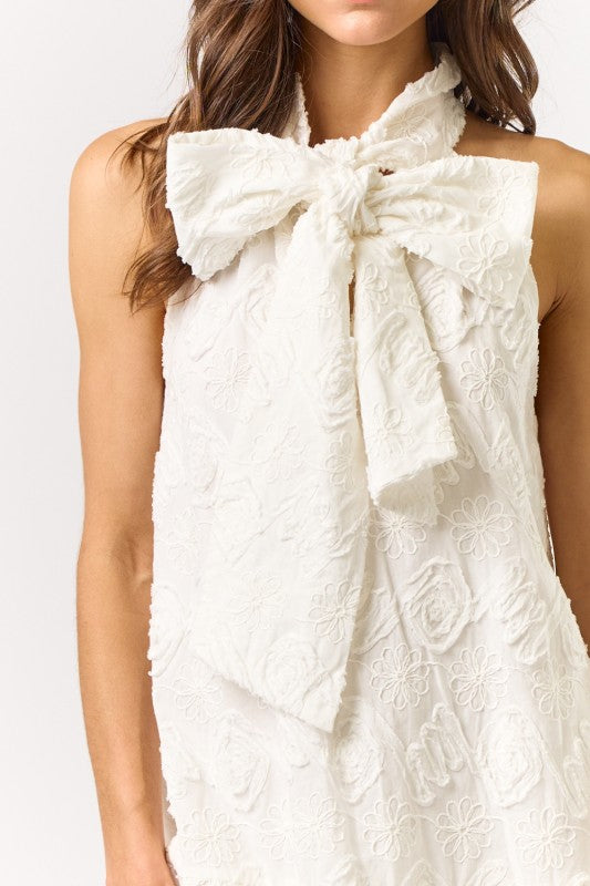 Halter Neck Bow Embellished Texture Dress