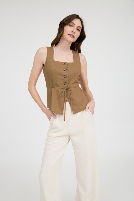 Linen Button Down Split Hem Cropped Vest