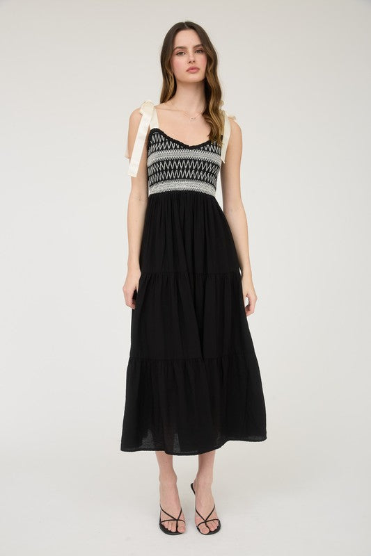 Embroidered Detail Ribbon Strap Tiered Maxi
Dress