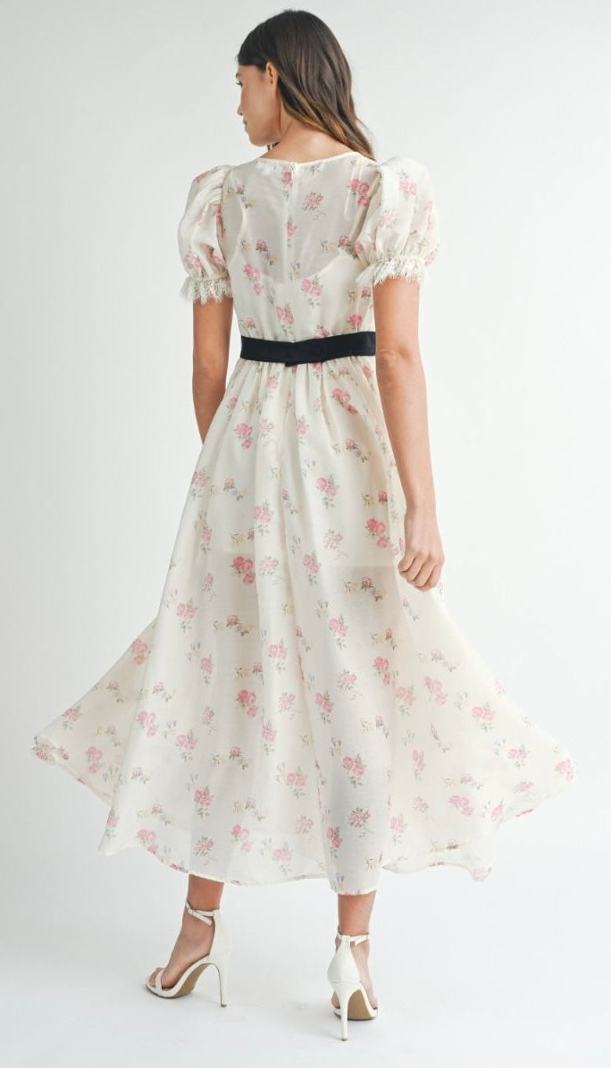 Floral print puff lace trim sleeve midi dress with black front bow belt detail