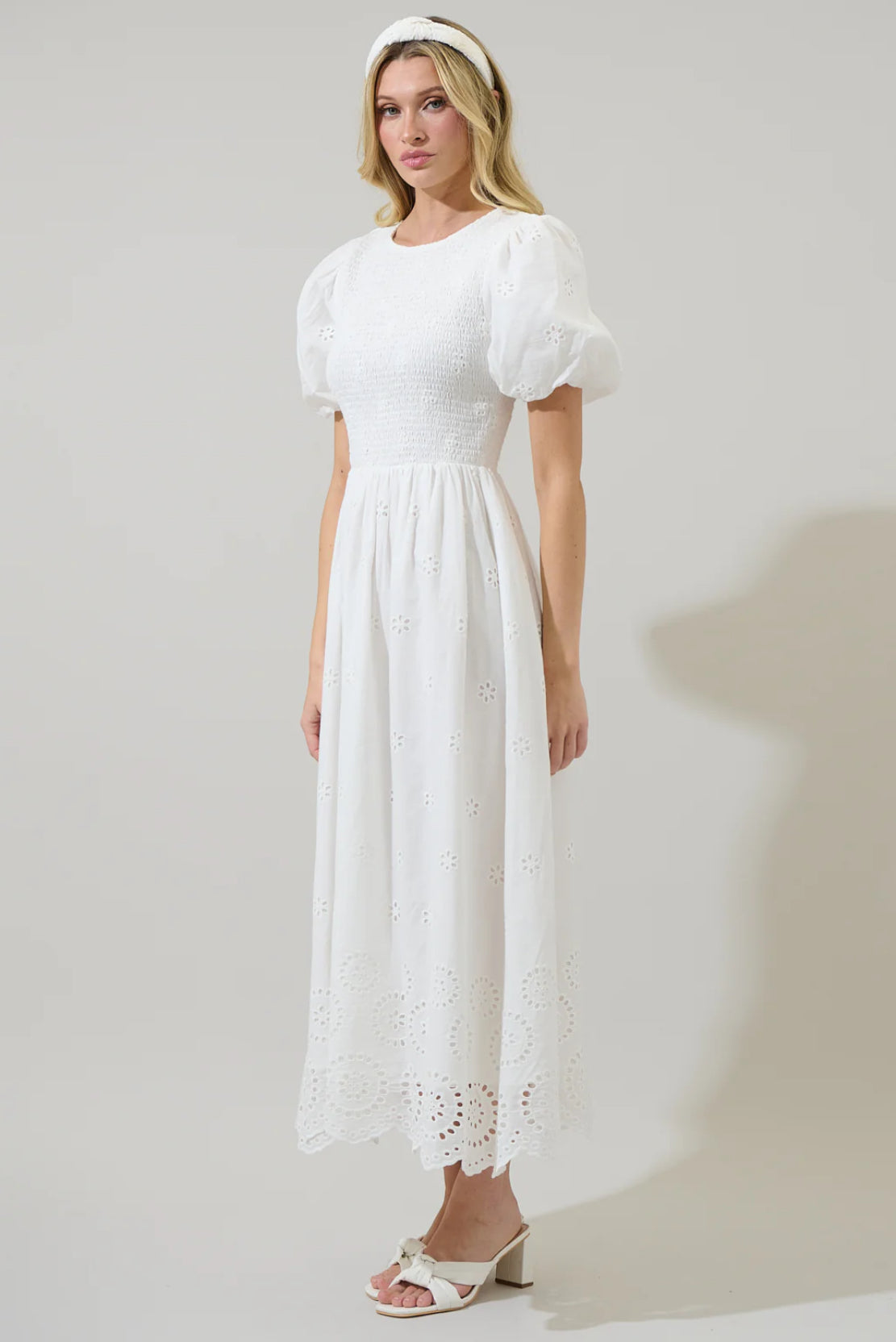 Deana Eyelet Smocked Midi Dress