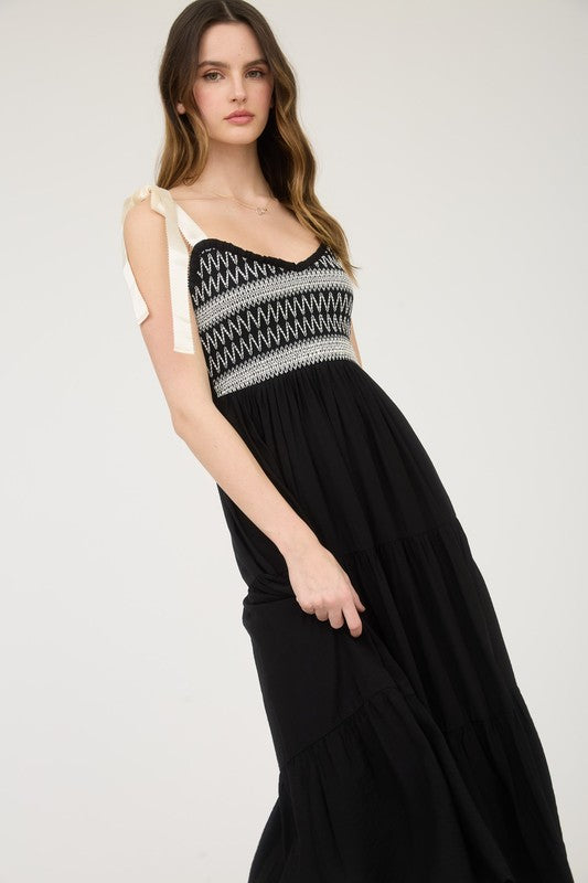 Embroidered Detail Ribbon Strap Tiered Maxi
Dress