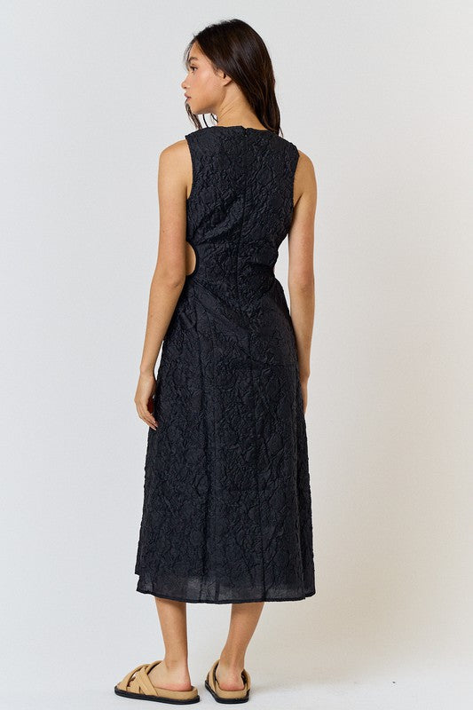 TEXTURED SIDE CUT OUT SLEEVELESS MIDI
DRESS