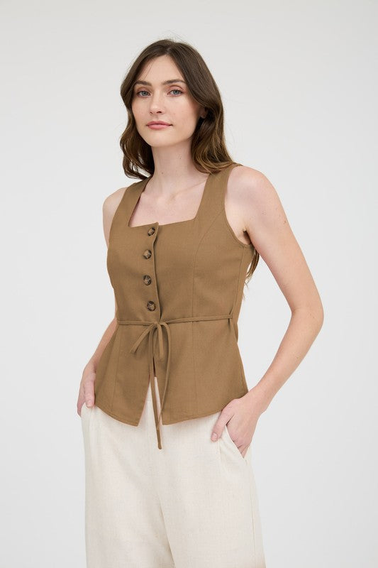 Linen Button Down Split Hem Cropped Vest