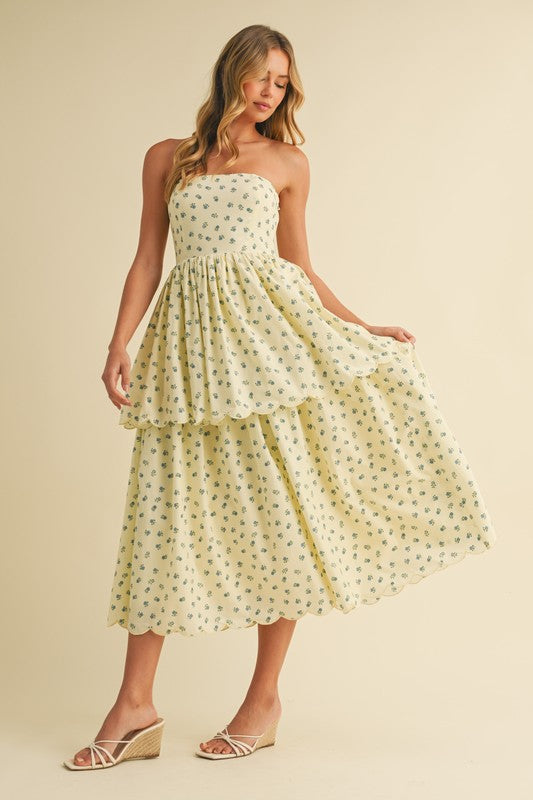 FLORAL PRINT STRAPLESS TIERED MIDI
DRESS