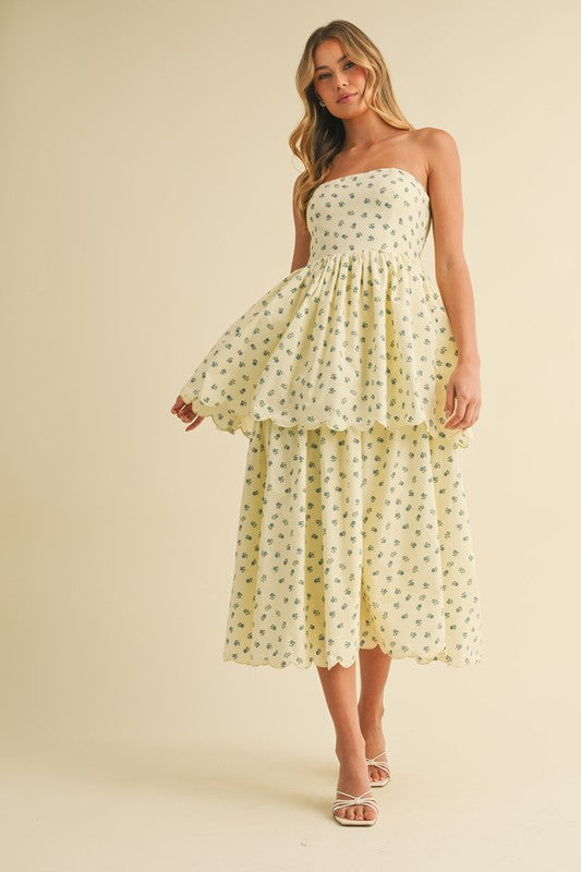 FLORAL PRINT STRAPLESS TIERED MIDI
DRESS