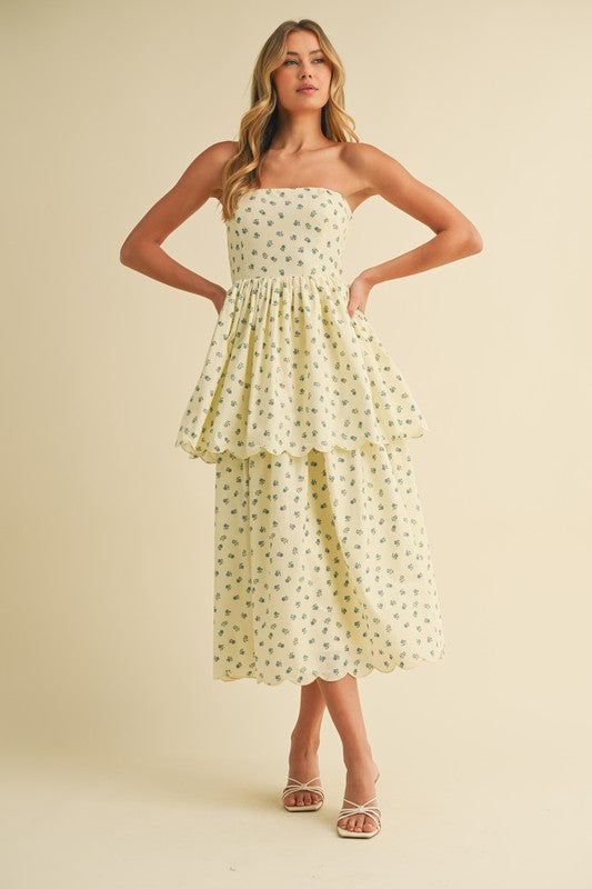 FLORAL PRINT STRAPLESS TIERED MIDI
DRESS