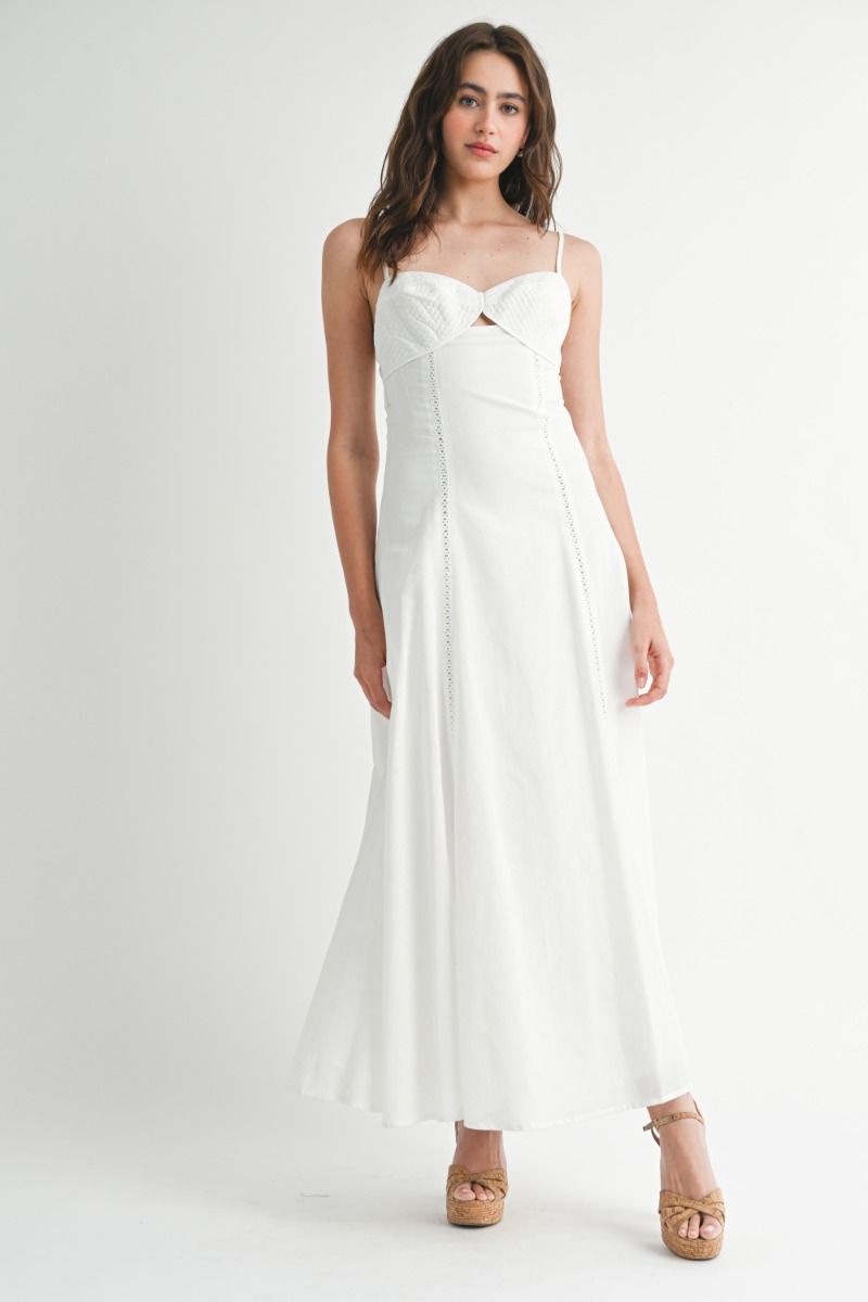 Solid adjustable spaghetti strap eyelet trim front cut out bustier fit and flare maxi dress with back self tie detail