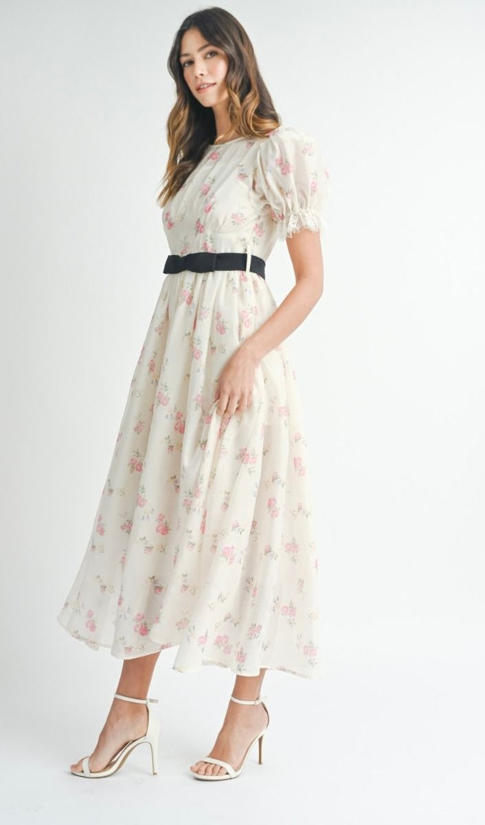 Floral print puff lace trim sleeve midi dress with black front bow belt detail