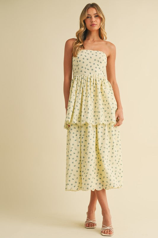 FLORAL PRINT STRAPLESS TIERED MIDI
DRESS