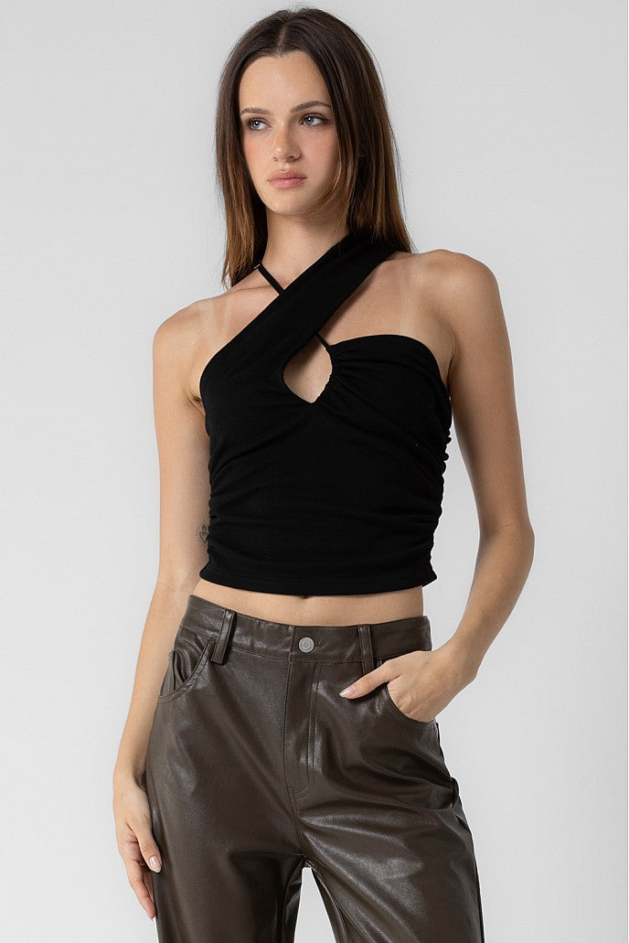 LADIES KNIT COTTON PLEATED CROSS FRONT HALTER TOP