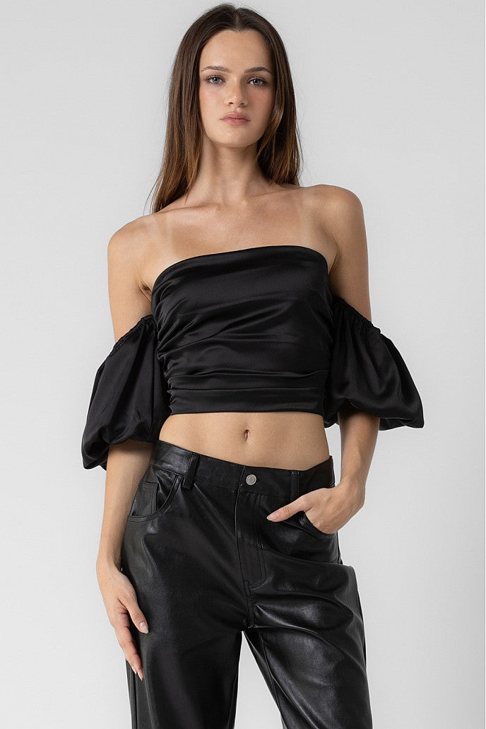 SATIN SHIRRED OFF THE SHOULDER TOP