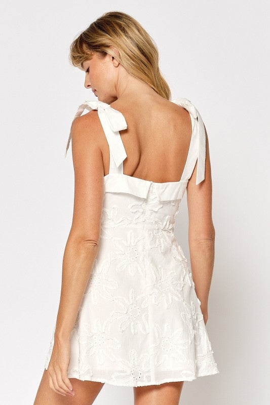 Flower Texture Dress W/ Bow Ribbon Shoulder
Ties