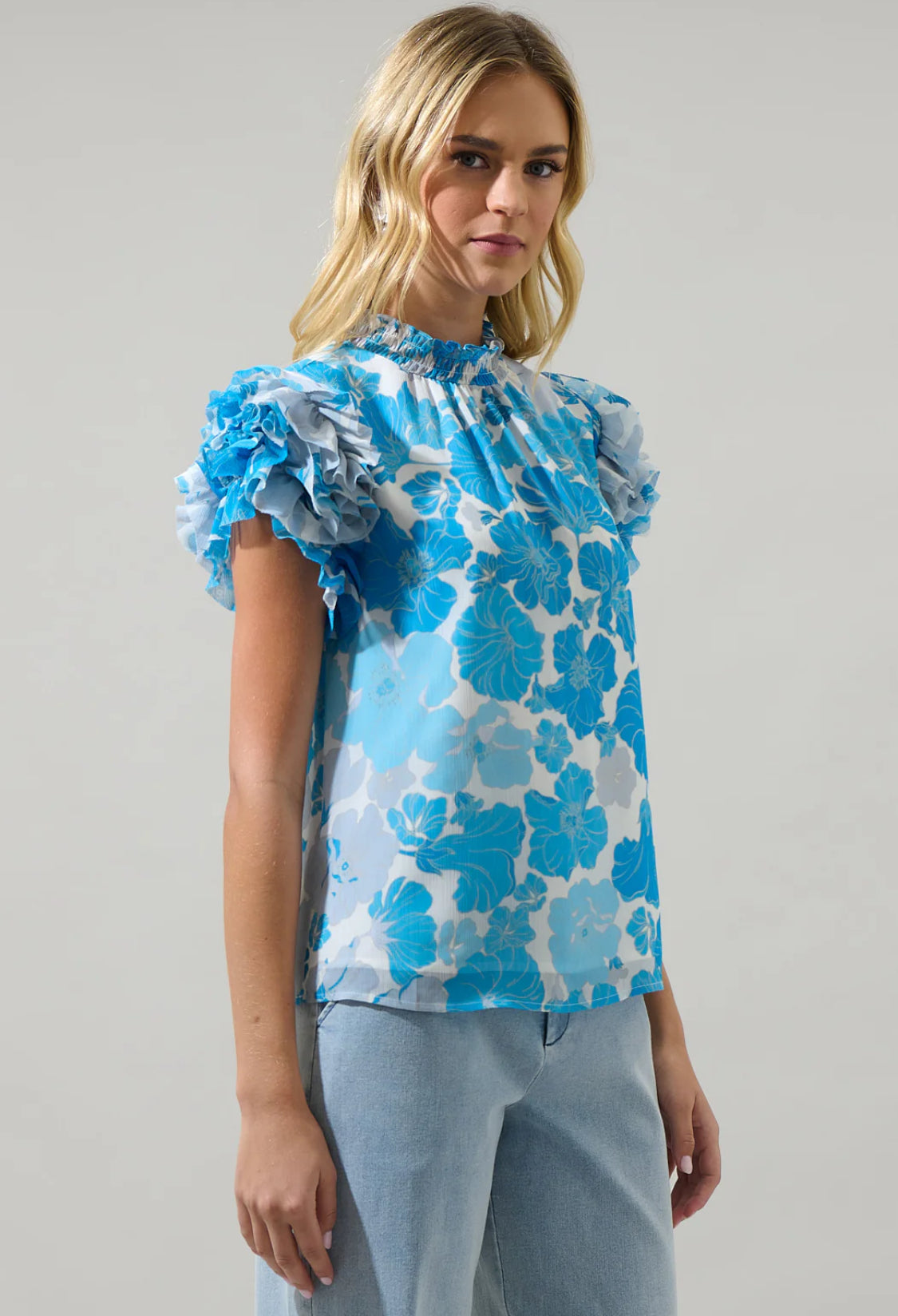 Kerela Floral Brenna Mock Neck Ruffle Blouse