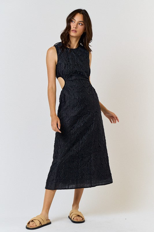 TEXTURED SIDE CUT OUT SLEEVELESS MIDI
DRESS