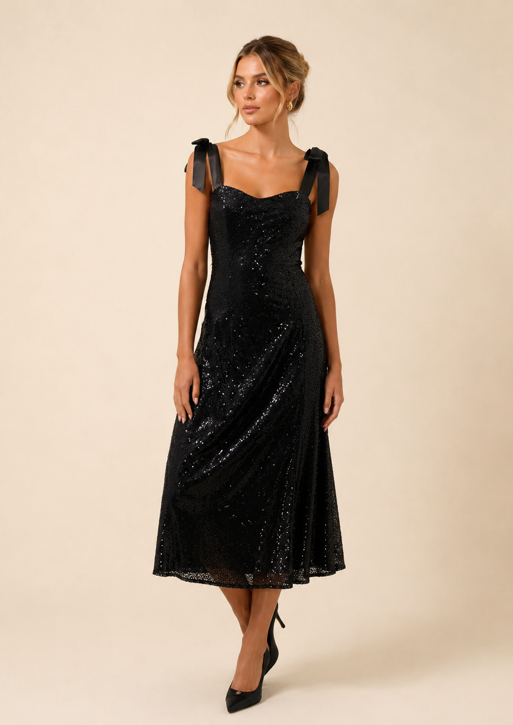 Adelisa Sequin Tie Strap Midi Dress