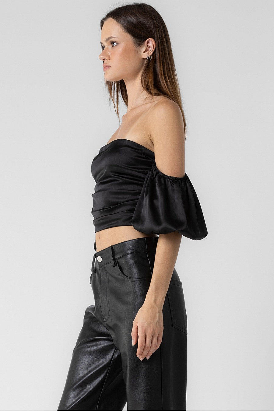 SATIN SHIRRED OFF THE SHOULDER TOP