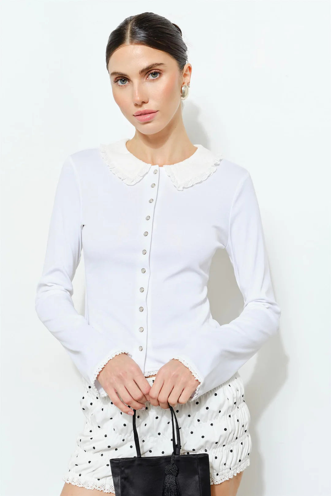 ELOWEN LACE-TRIMMED PETER PAN COLLAR BUTTON-FRONT TOP