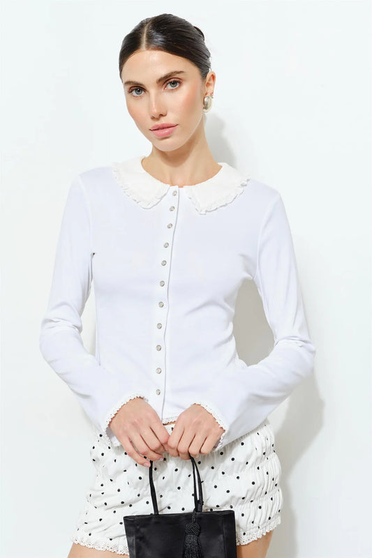 ELOWEN LACE-TRIMMED PETER PAN COLLAR BUTTON-FRONT TOP